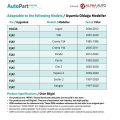 Fiat Panda, Punto, Clio 3 için Davlumbaz Klipsi- 10'lu